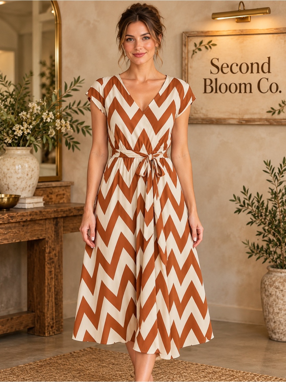 Blue Rain Rust & Ivory Chevron Wrap Dress Size L